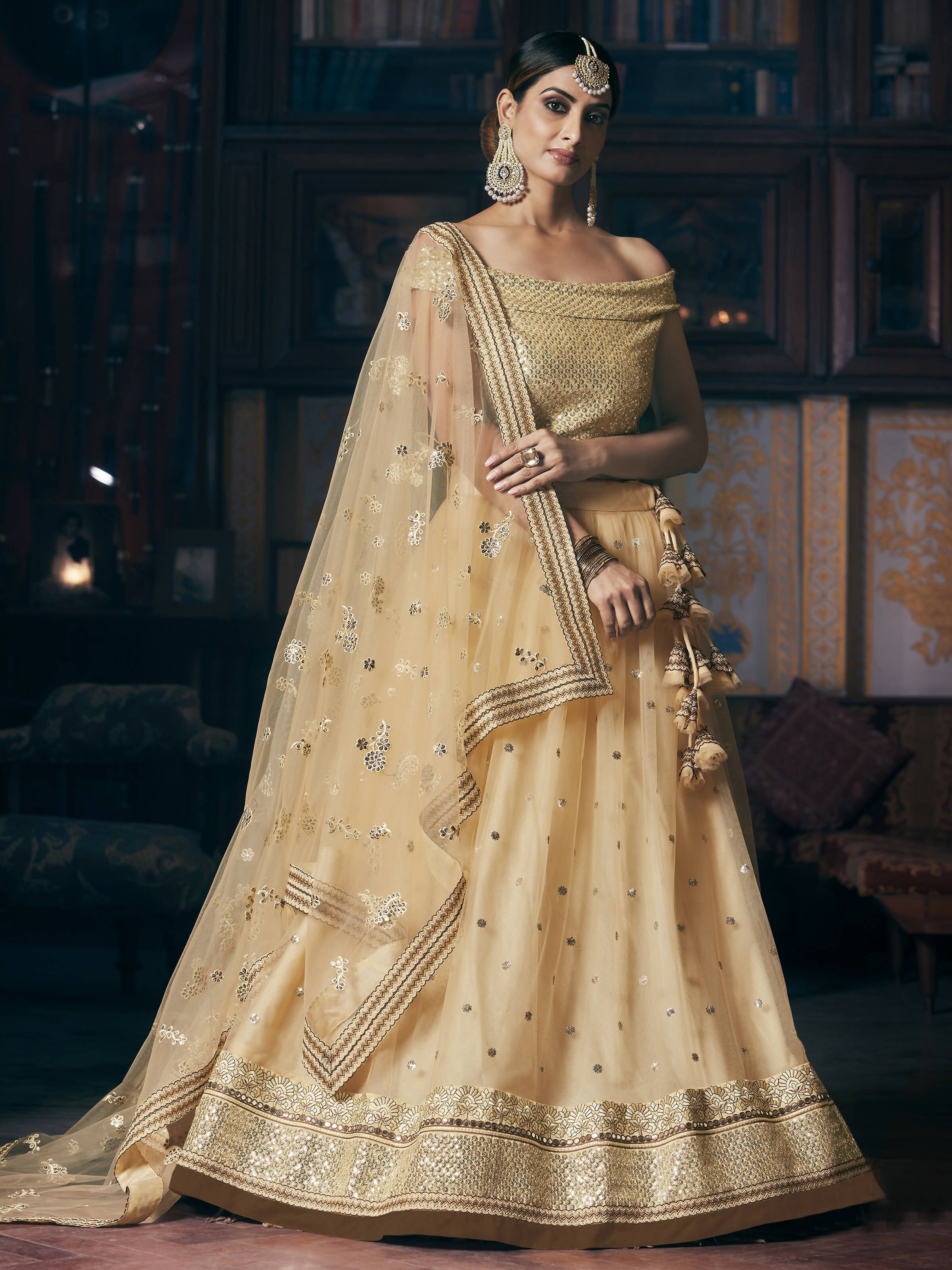 Wedding Designer Sequene Zari Resham Embroidery Cream Net Lahengha Choli - Anbazaar | Grocsy