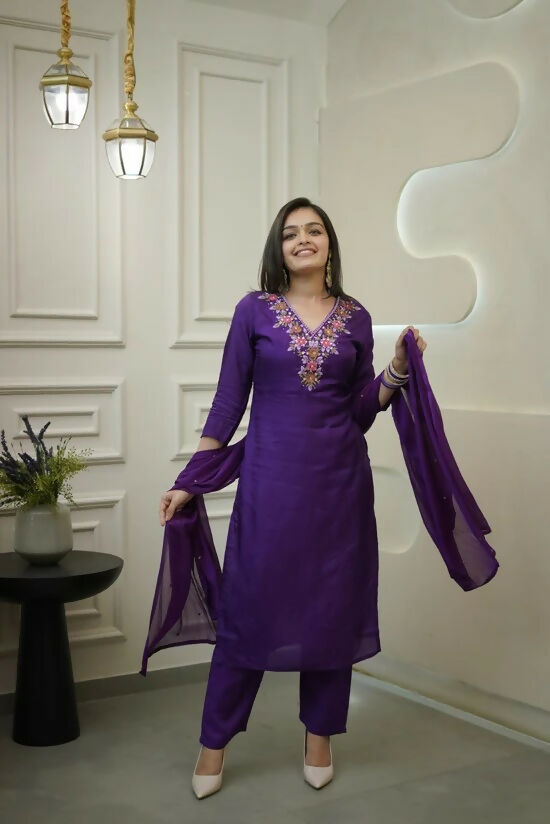 The52 Purple Women's Gorgeous Vichitra Fabric Embroidered Work Straight Kurta Pant and Dupatta Set | Grocsy