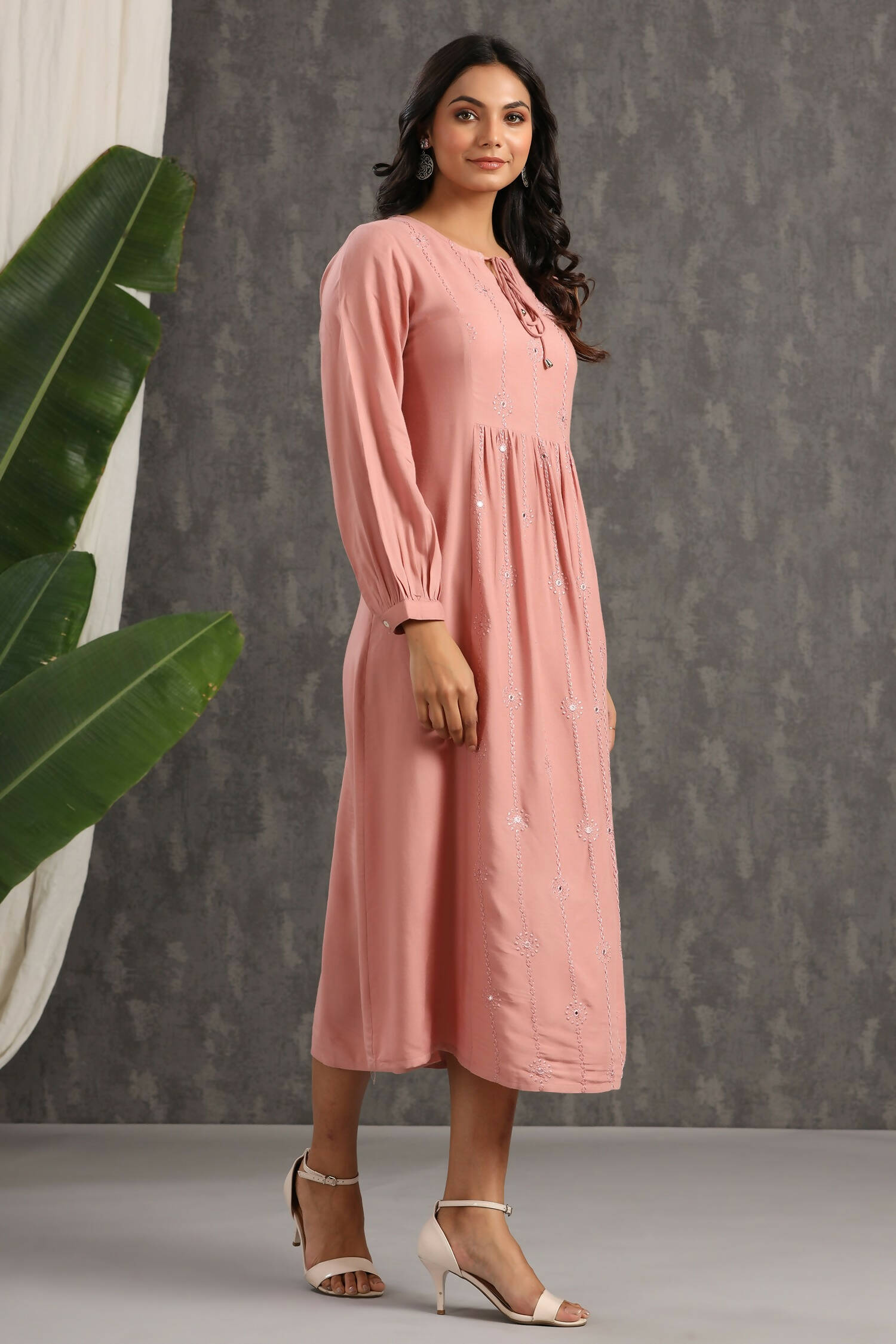 Juniper Womens Onion Pink Rayon Solid Maxi Dress With Mirror Embroidery And Full Sleeve | Grocsy