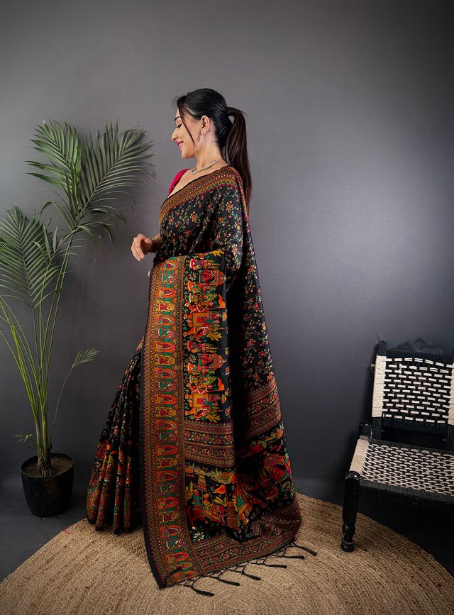 Elora Black Pashmina Silk Meenakari Weaving Madhubani Design Kashmiri Saree | Grocsy