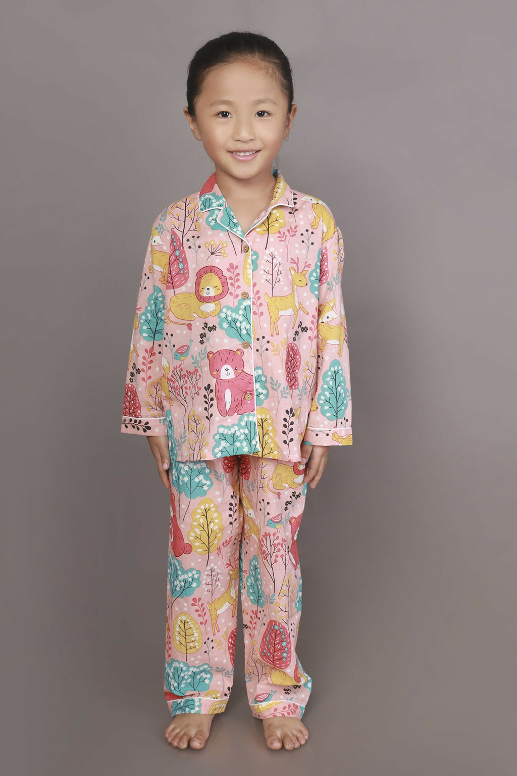 Breathables Kids Cotton Night Suit – Peach Lion & Teddy Shirt & Pyjama Co-Ord Set For Boys & Girls | Grocsy