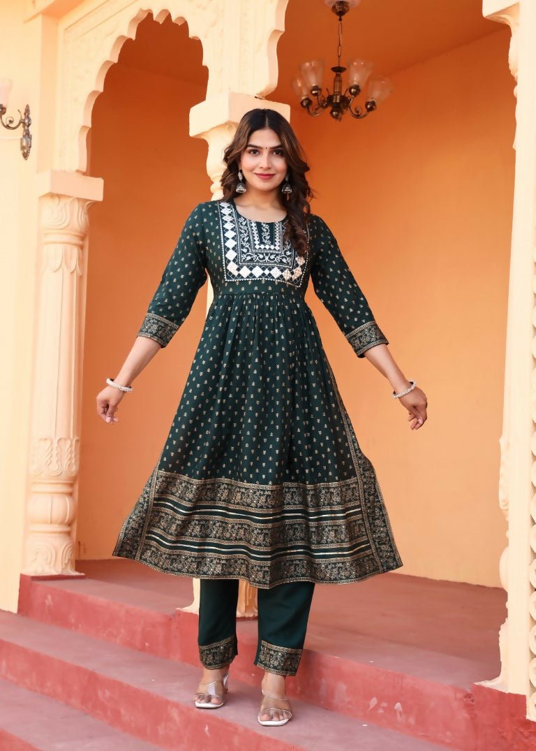 Alvano Women's Embroidery work Print Naira Cut Kurti with Pant and Dupatta set Rayon | Grocsy