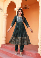 Alvano Women's Embroidery work Print Naira Cut Kurti with Pant and Dupatta set Rayon | Grocsy