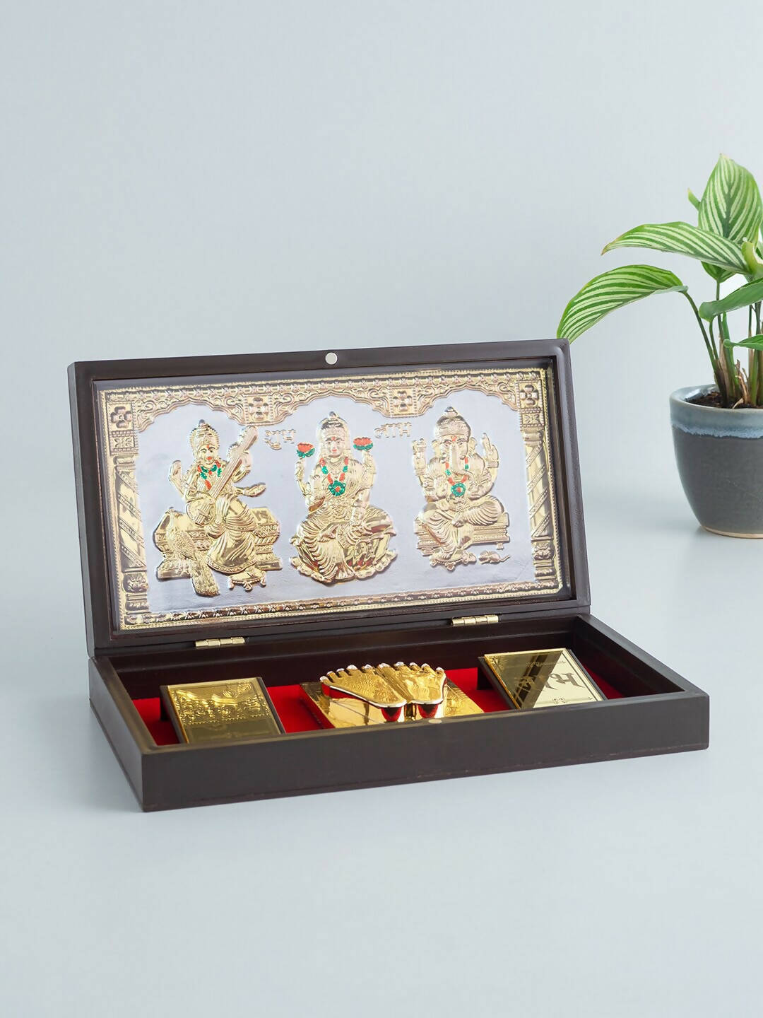Golden Peacock 24 KT Gold-Polished Laxmi, Ganesha, Saraswati Pooja Box | Grocsy