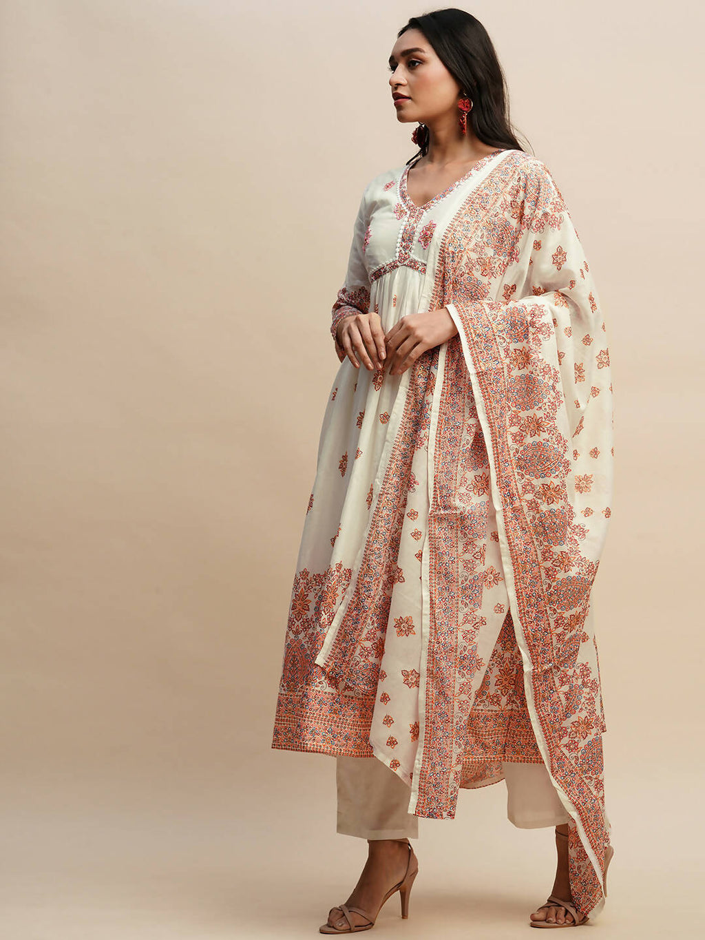 White And Peach Pure Cotton Floral Printed Anarkali Kurta And Bottom With Dupatta - Akashara | Grocsy