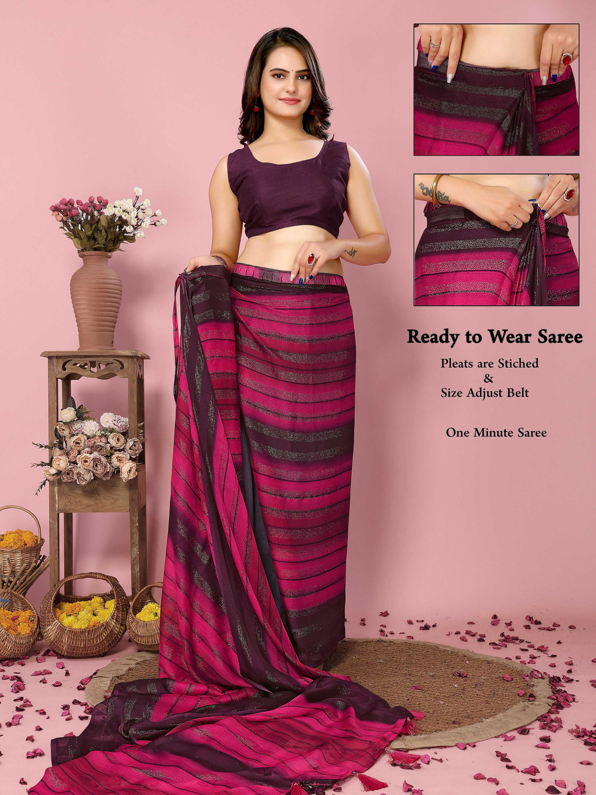 Attractive These Party Wear Ready To Wear Saree - Pink | Grocsy