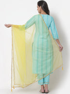 Myshka Women Turquoise Blue Layered Pure Cotton Kurti With Trousers & Dupatta | Grocsy