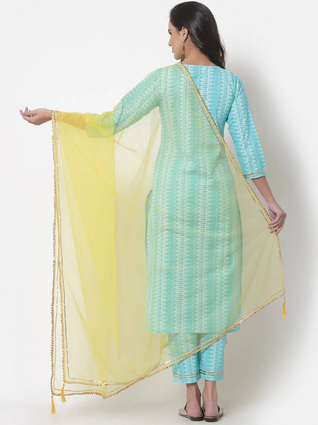 Myshka Women Turquoise Blue Layered Pure Cotton Kurti With Trousers & Dupatta | Grocsy