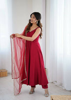 Teeya Creation Maroon Color Pure Roman Silk Mirror Lace Party Wear Gown | Grocsy