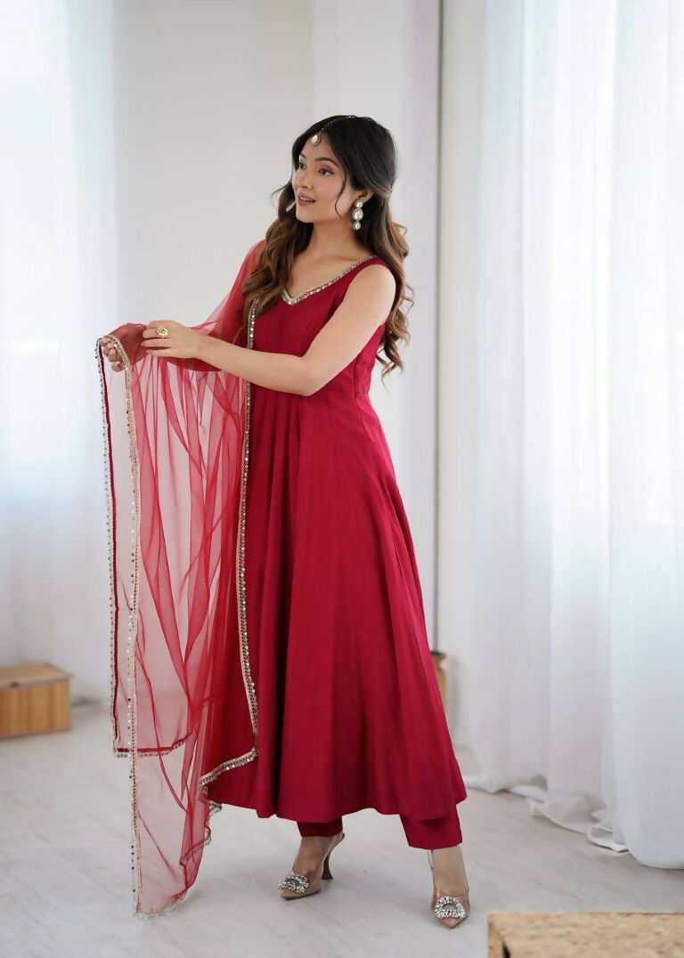 Teeya Creation Maroon Color Pure Roman Silk Mirror Lace Party Wear Gown | Grocsy
