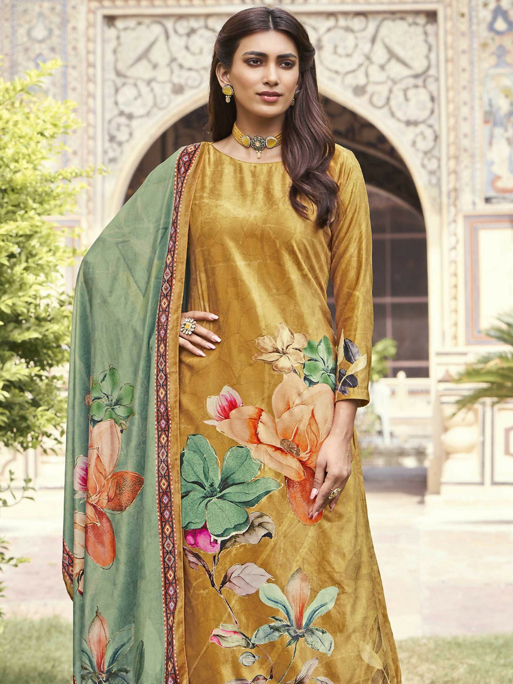 Jyoti Fashion Women's Mustard Velvet Floral Digital Printed Kurta with Trouser & Dupatta | Grocsy
