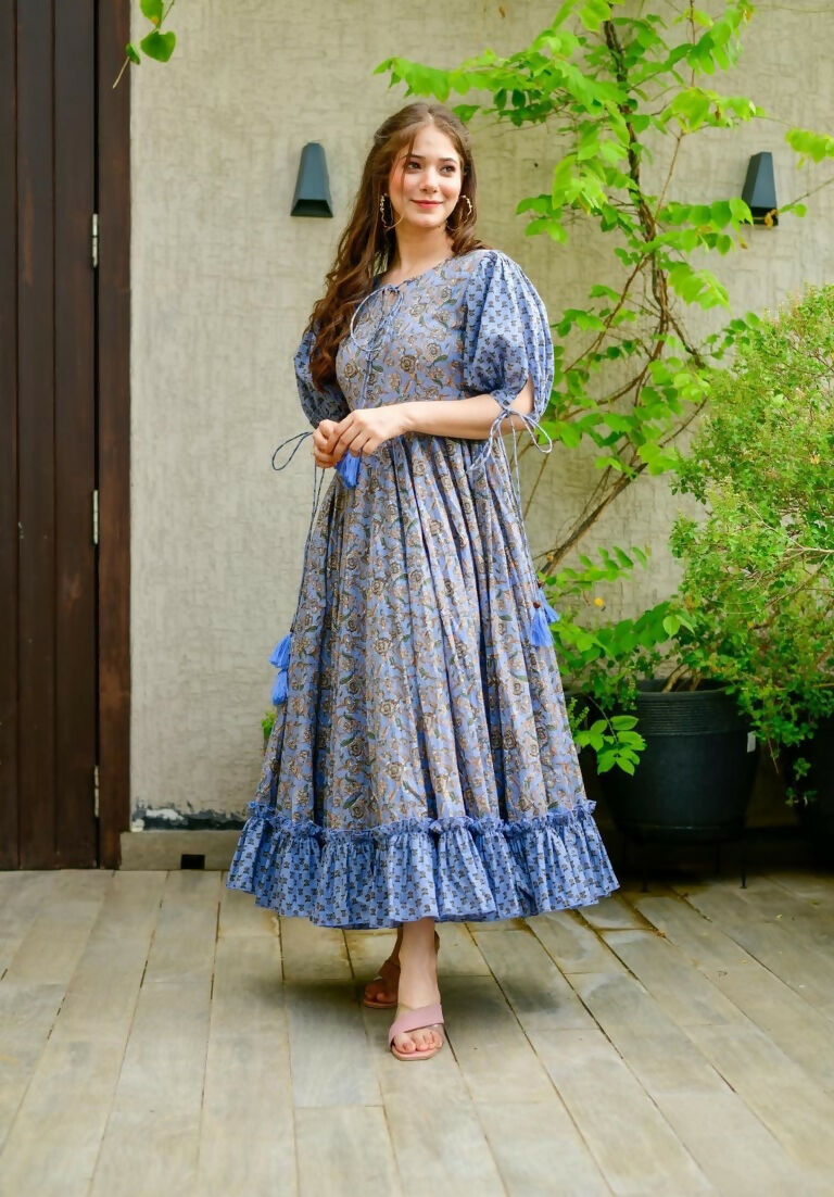 Jyoti Fashion Women's Blue Heavy Digital Printed Cotton Silk Anarkali Dress | Grocsy