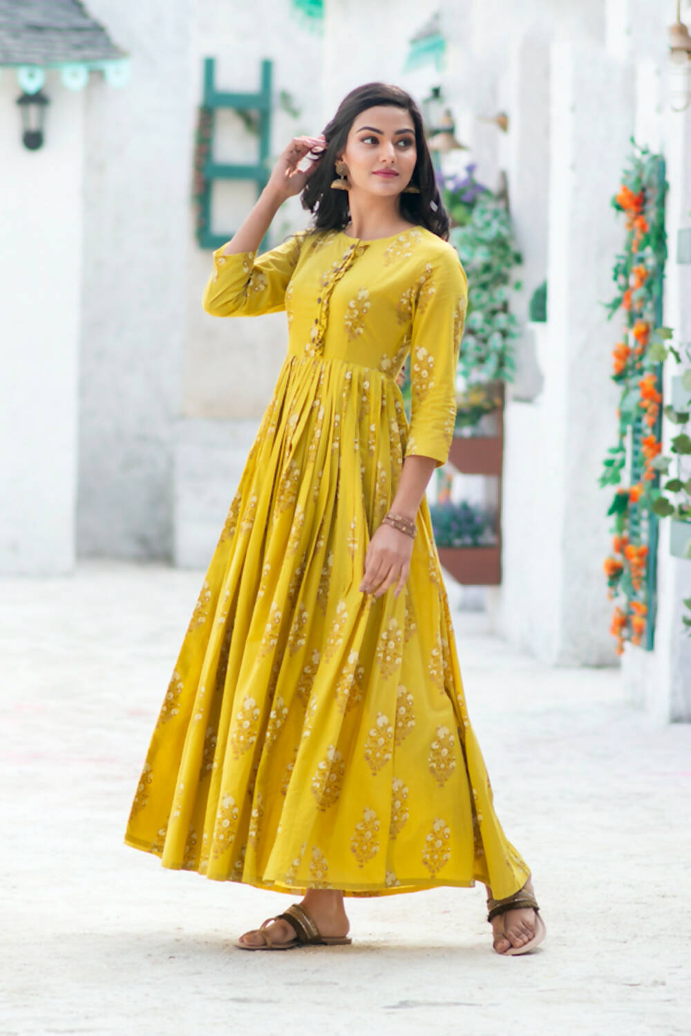 Partywear Designer Digital Printed Lemon Yellow Pure Maslin Gown - Anbazaar | Grocsy