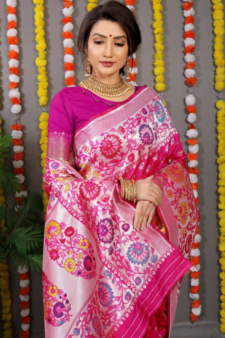 Jyoti Fashion Women's Rani Pink Banarasi Silk Zari Woven Saree with Blouse | Grocsy