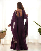 Teeya Creation Wine Color Pure Roman Silk Chanderi Party Wear Fully Stitched Gown | Grocsy