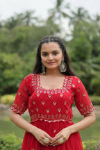 Vastranavya Premium Designer Faux Blooming with Embroidery Zari Sequins work Gown - Red | Grocsy