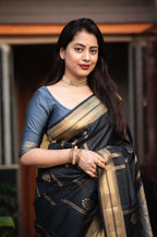 Blue Silk Woven Saree with Unstitched Blouse - Hiral Fashion | Grocsy