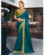 Teal Solid Vichitra Saree With Unstitched Blouse Piece - Selena | Grocsy