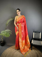 Joban Fashion Red Geometric Pattern Soft Silk Patola Saree | Grocsy