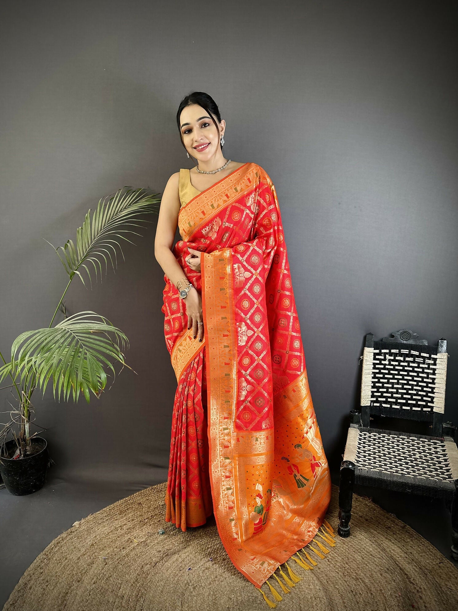 Joban Fashion Red Geometric Pattern Soft Silk Patola Saree | Grocsy
