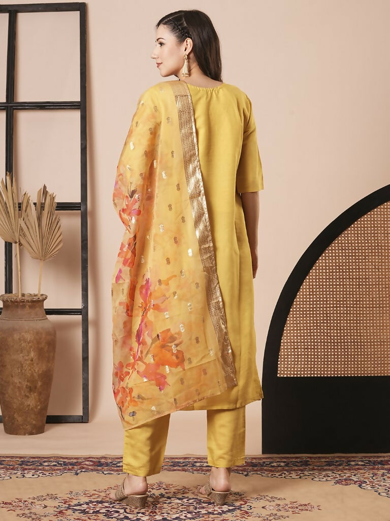 Yellow PV Chanderi Embroidery Work,Printed Kurta Set - Riya | Grocsy