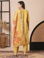 Yellow PV Chanderi Embroidery Work,Printed Kurta Set - Riya | Grocsy