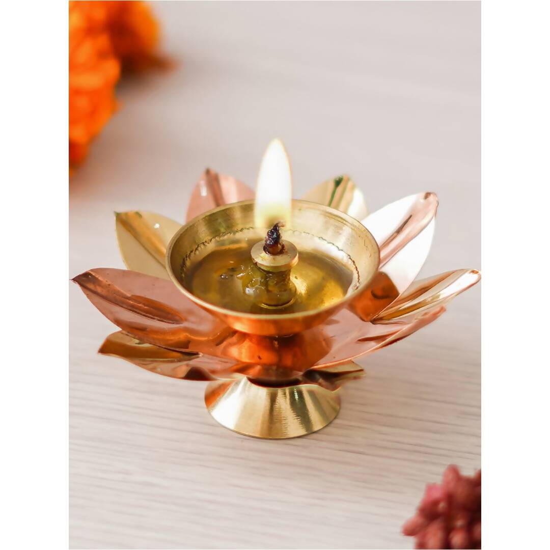 eCraftIndia Gold Toned Lotus Flower Shaped Decorative Brass Diya | Grocsy