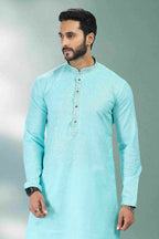 Raivat Ethnic Linen Cotton Pintux Work Kurta Pajama In Sky Blue Colour | Grocsy