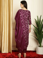 Jyoti Fashion Women's Wine Pashmina Floral Digital Printed Kurta with Trouser & Dupatta | Grocsy