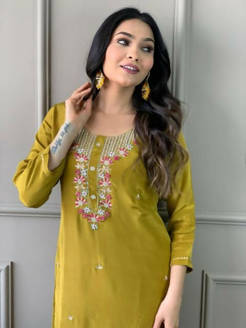 The52 Mustard Gorgeous Embroidered Viscose Chanderi Fabric Straight Kurta Pant with Dupatta Set | Grocsy