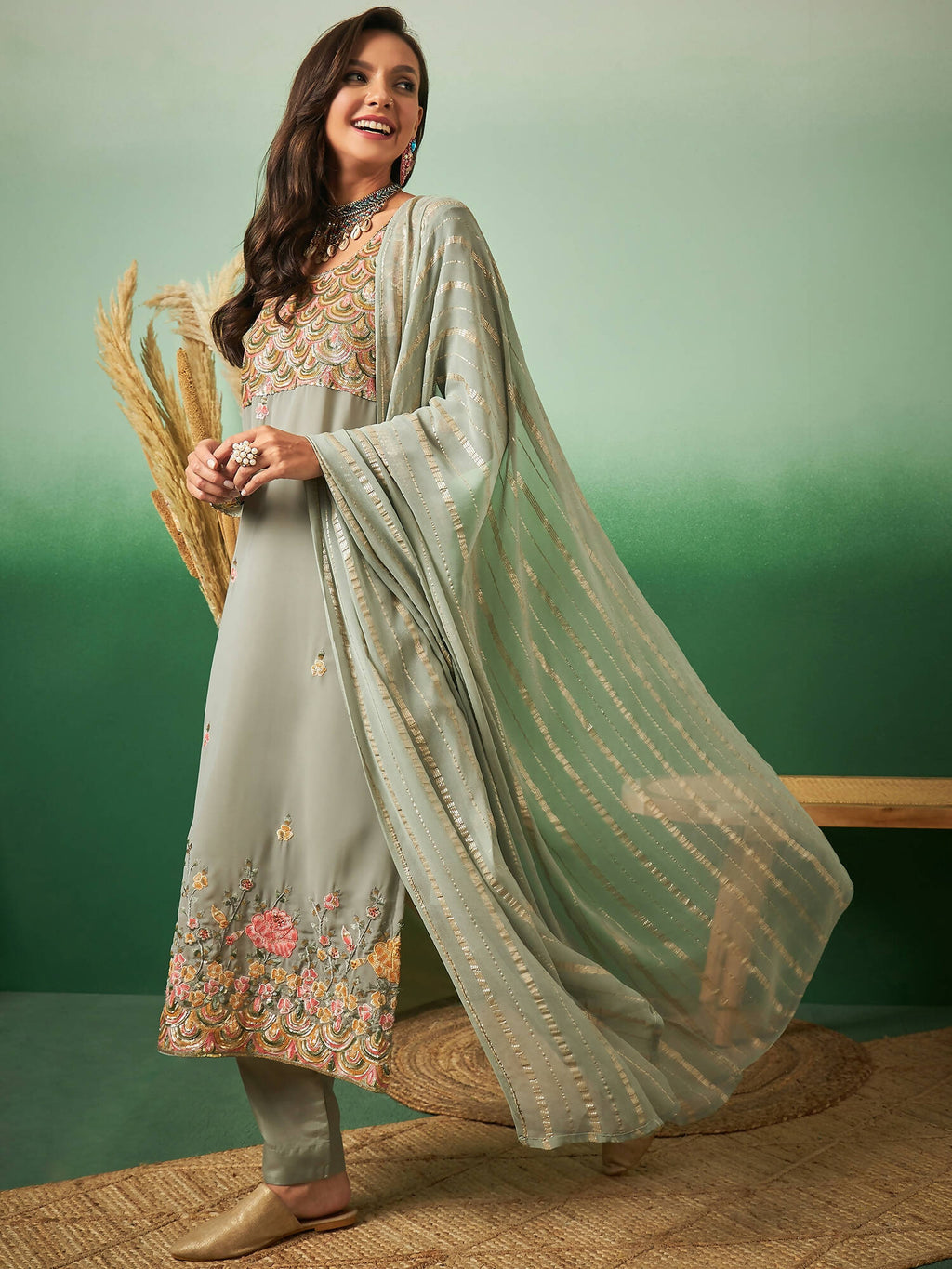 Light Green Georgette Handwork Unstitched Dress Material - Hanika | Grocsy