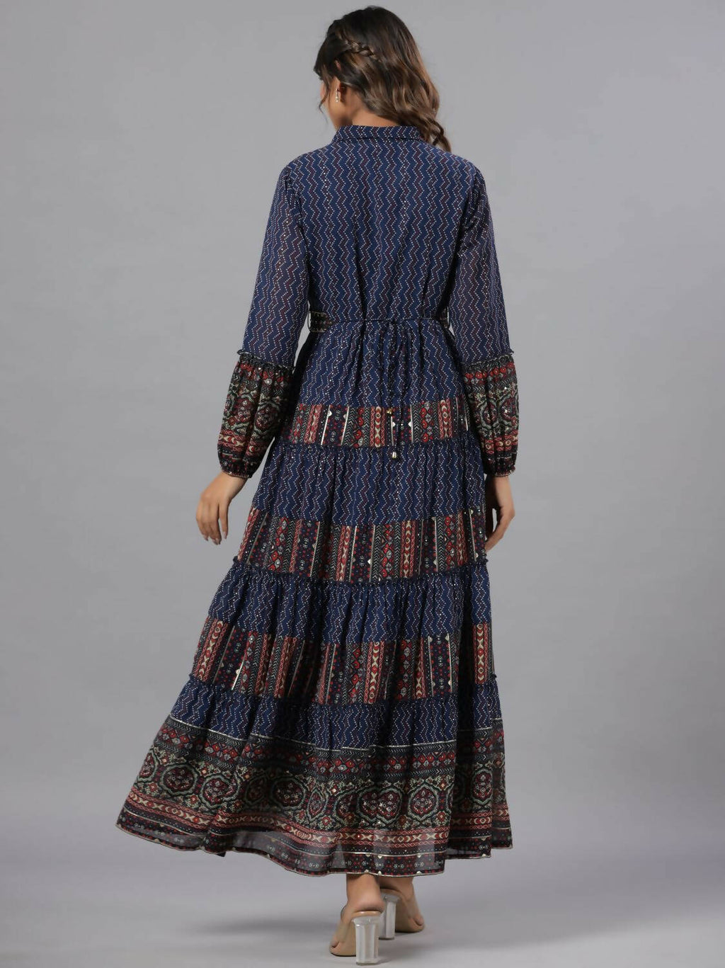 Juniper Women Navy Blue Georgette Printed Tiered Maxi Dress | Grocsy