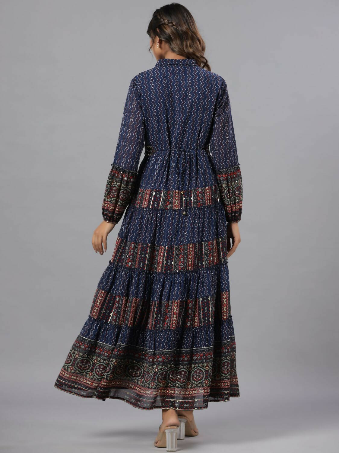 Juniper Women Navy Blue Georgette Printed Tiered Maxi Dress | Grocsy