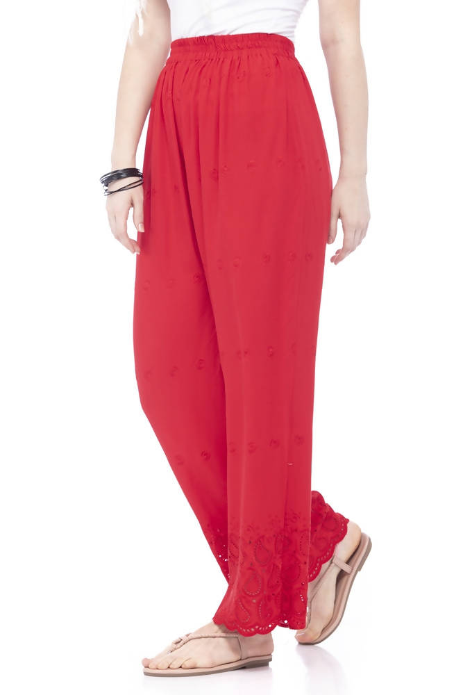Mominos Fashion Reyon Cotton Red Embroidery Chikan Palazzo | Grocsy