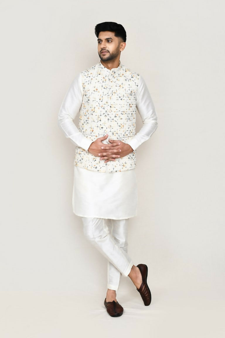 Joban Fashion White Colored Art Silk Fabric Kurta, Jacket With Straight Fit Pant | Grocsy