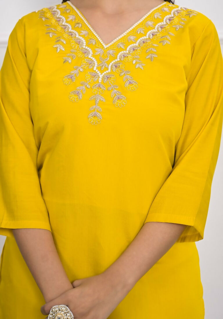 Yellow Viscose Silk Embroidery with Thread and sequence Stitched Suit With Dupatta - Tanisha | Grocsy