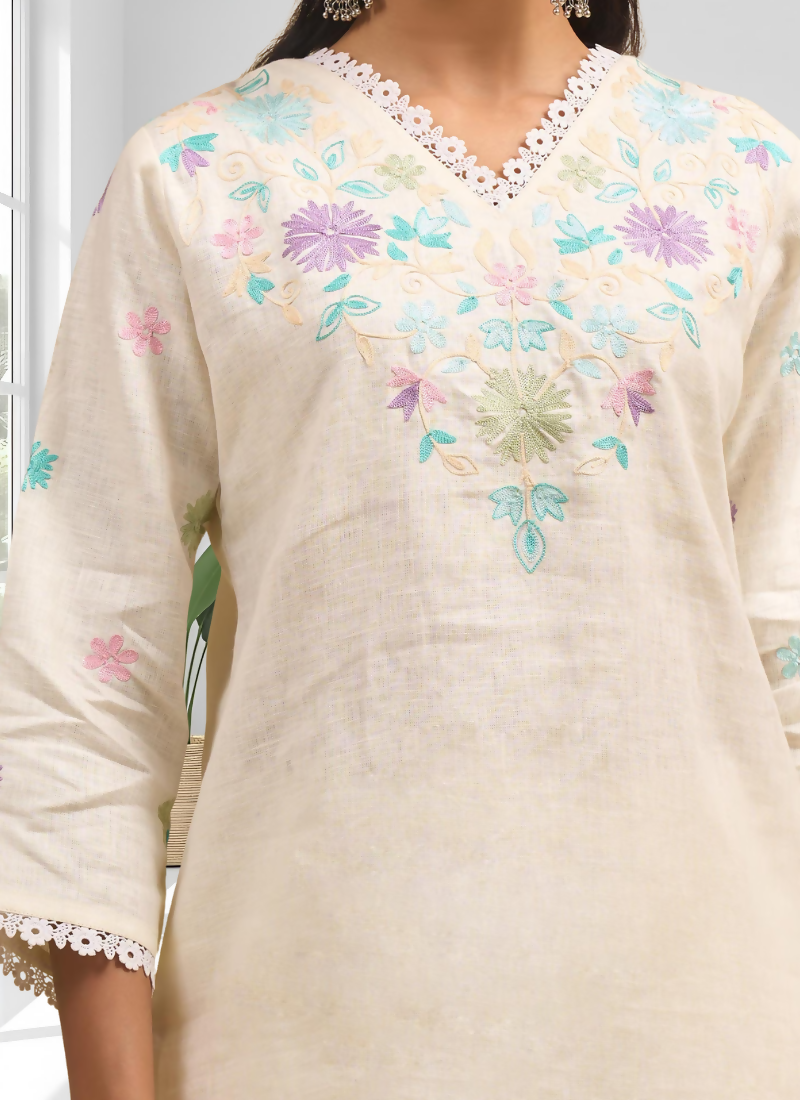 Joban Fashion Cream Linen Embroidered Readymade Cord Set | Grocsy