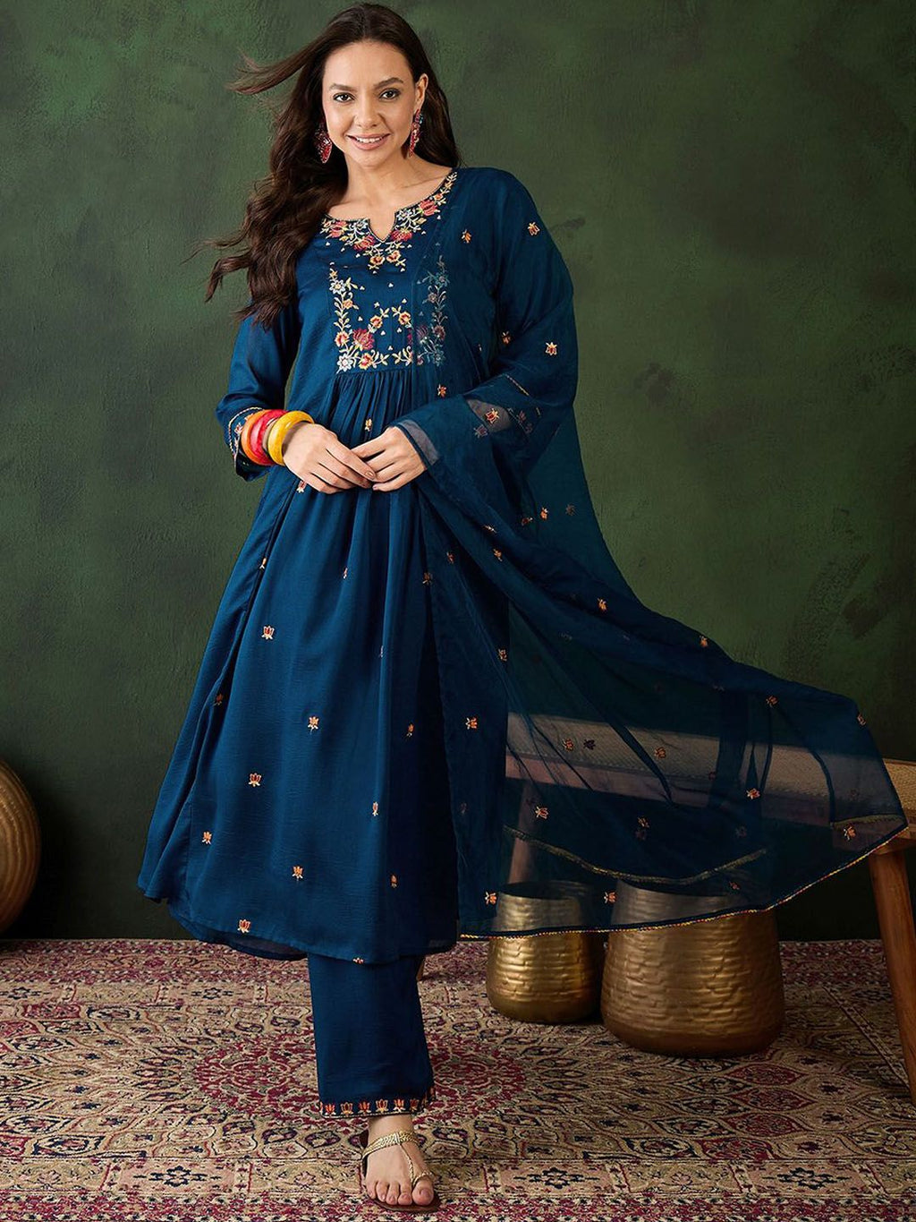 Sangria Floral Embroidered A-Line Kurta & Trousers With Dupatta | Grocsy