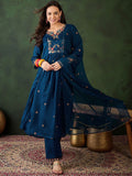Sangria Floral Embroidered A-Line Kurta & Trousers With Dupatta | Grocsy