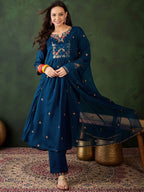 Sangria Floral Embroidered A-Line Kurta & Trousers With Dupatta | Grocsy