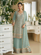 Anaita Sky-blue Embroderied Faux Georgette Stitched Plazzo Suit | Grocsy