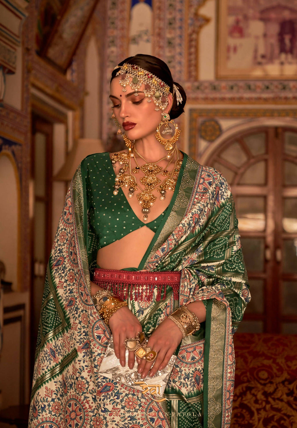Dark Green P V Silk Digital Print, Zari Work Printed Saree - Rewaa Parampara | Grocsy