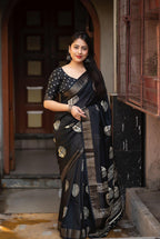 Black Cotton Crepe Batik Print Saree with Unstitched Blouse - Hiral Fashion | Grocsy