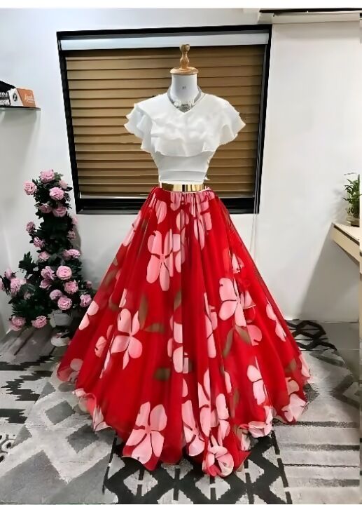 Dishitha Creation Floral Printed Stitched Lehenga & Crop Top - White & Red | Grocsy