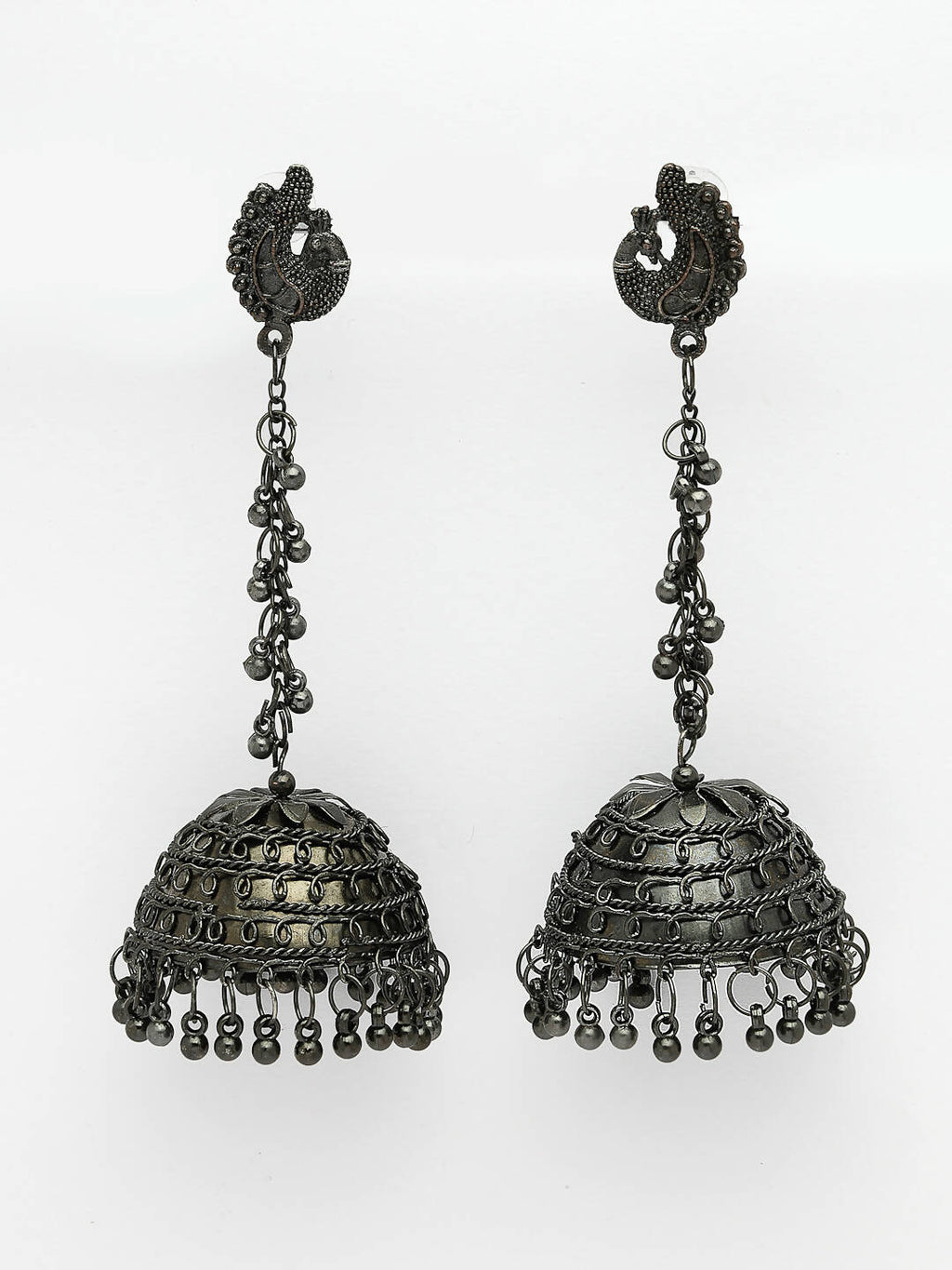 NVR Women Black Oxidised Brass-Plated Jhumka Earrings
