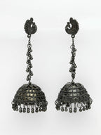 NVR Women Black Oxidised Brass-Plated Jhumka Earrings