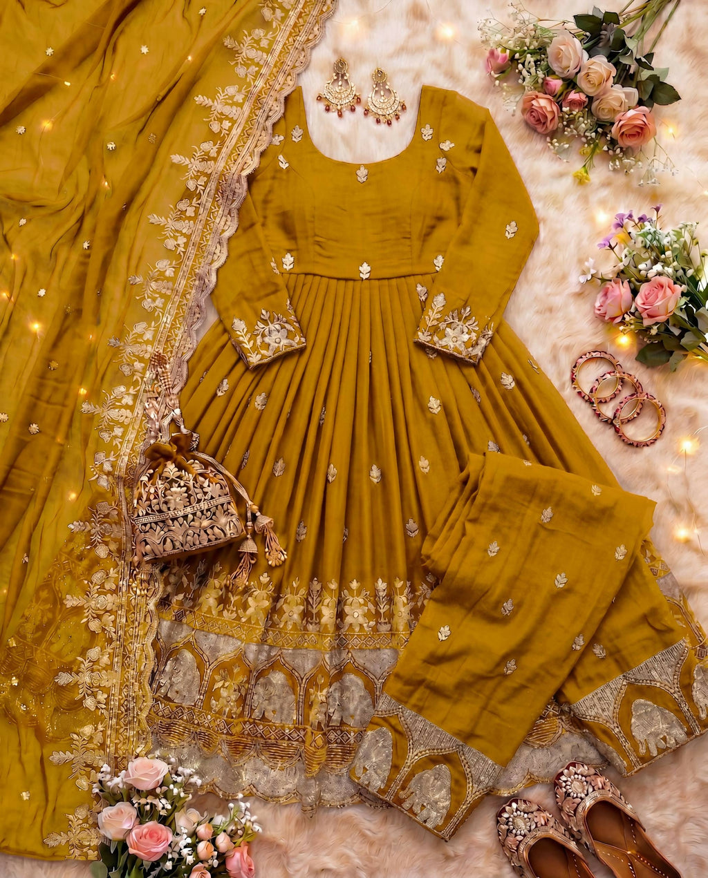 Teeya Creation New Trendy Stylish Wedding Wear Embroidered Anarkali Set - Yellow | Grocsy