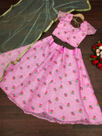 Jyoti Fashion Beautiful Pink Organza Silk Embroidered Kids Lehenga Choli Set | Grocsy