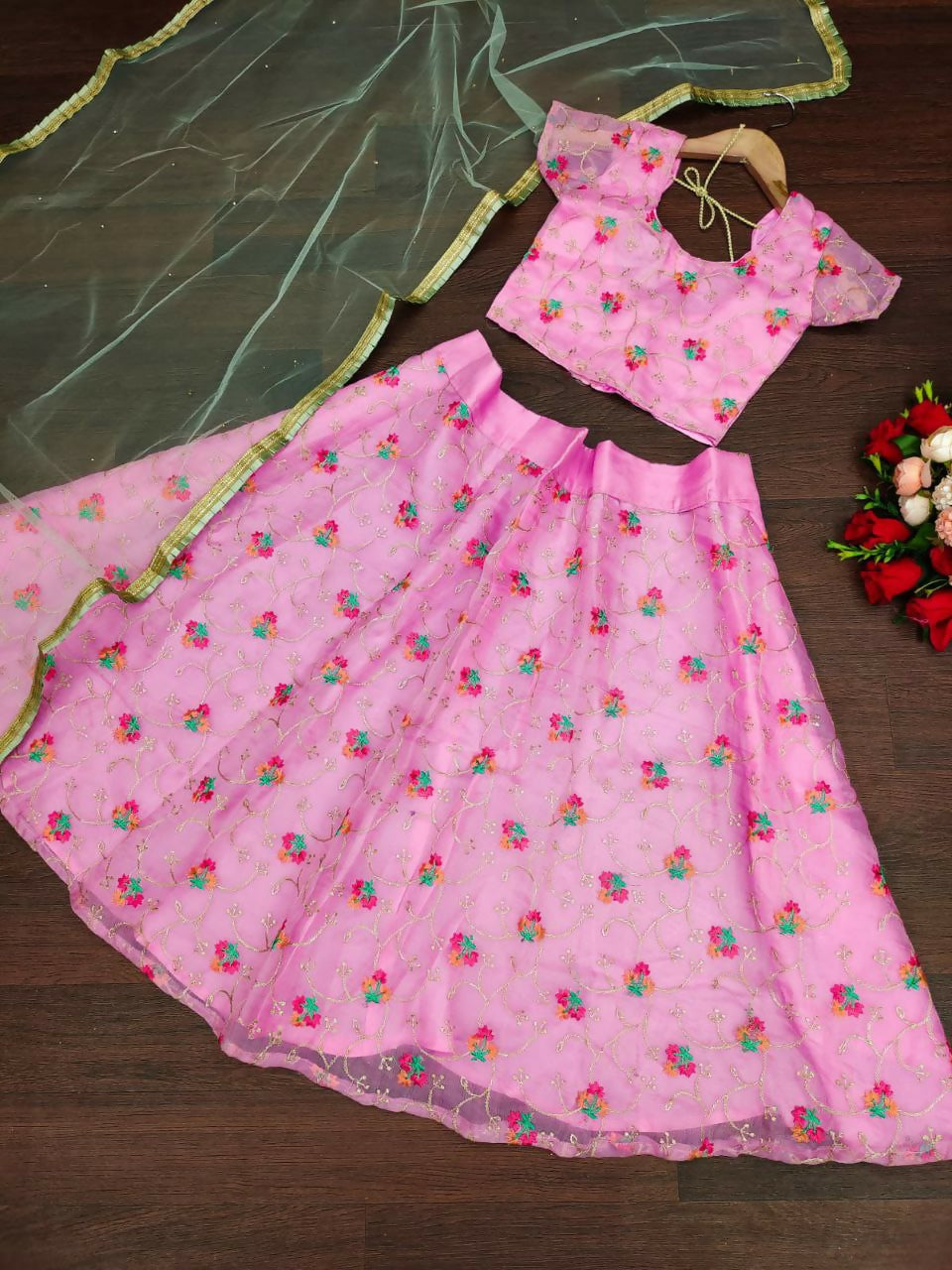 Jyoti Fashion Beautiful Pink Organza Silk Embroidered Kids Lehenga Choli Set | Grocsy