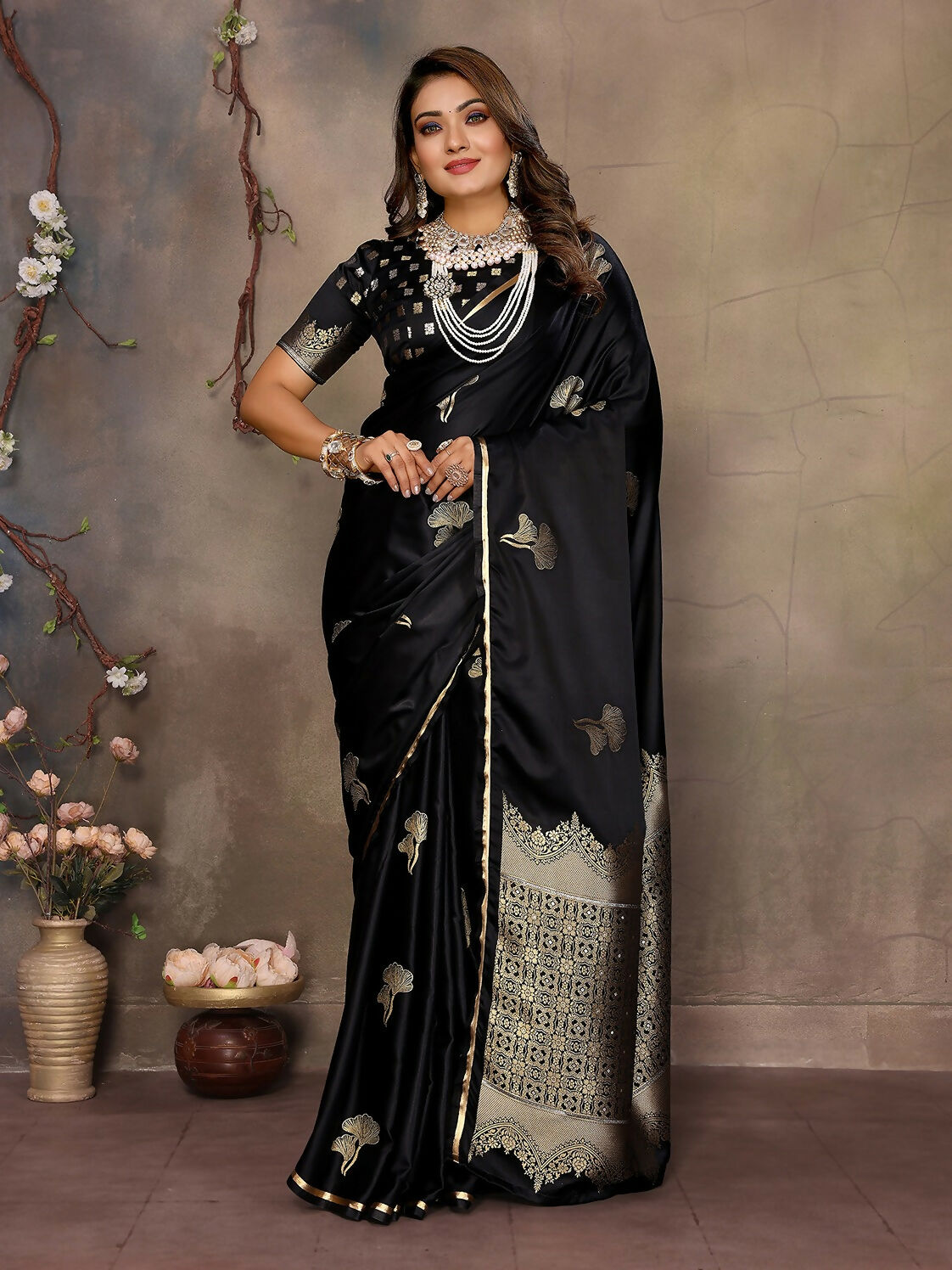 Joban Fashion Black Floral Motifs Banarasi Silk Sarees | Grocsy